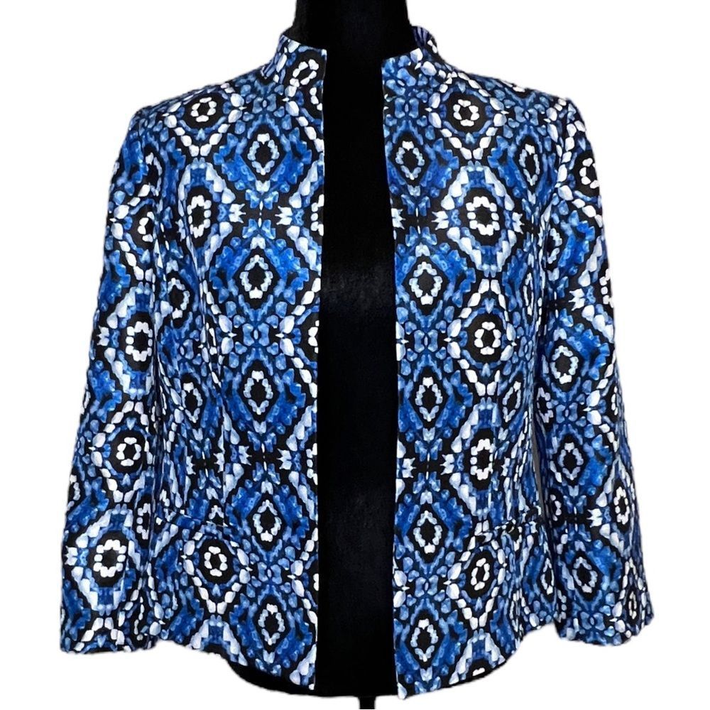 Kasper Cabana Blue Black & White Ikat Open Front Mandarin Collar Blazer Size 8